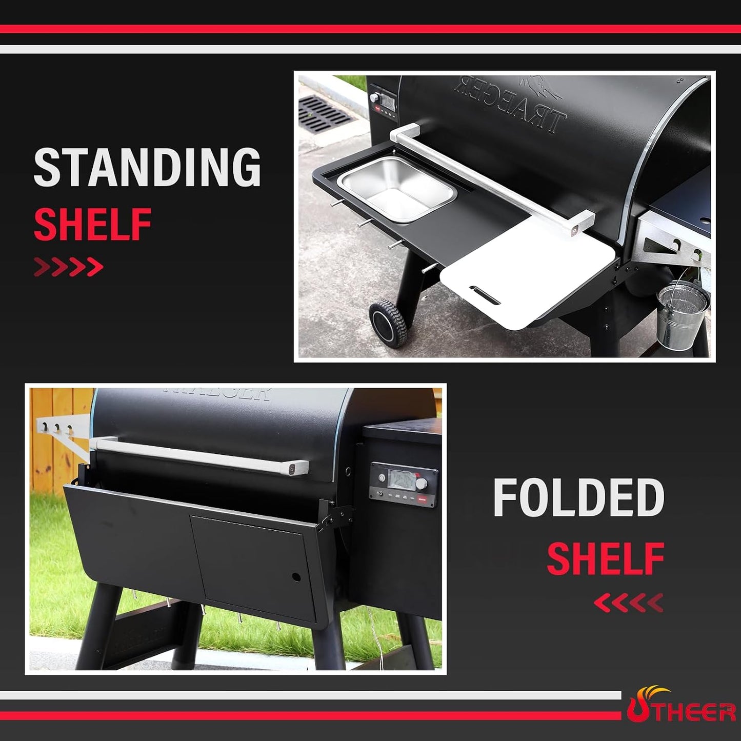 Upgraded Grill Table for Weber Kettle 22"/18"/26", Master Touch 22", Smokey Mountain, Recteq Pellet Grill RT-B380, Prep Station with Cutting Board, Basin, 4 Hooks, Shelf for Weber Kettle Accessories