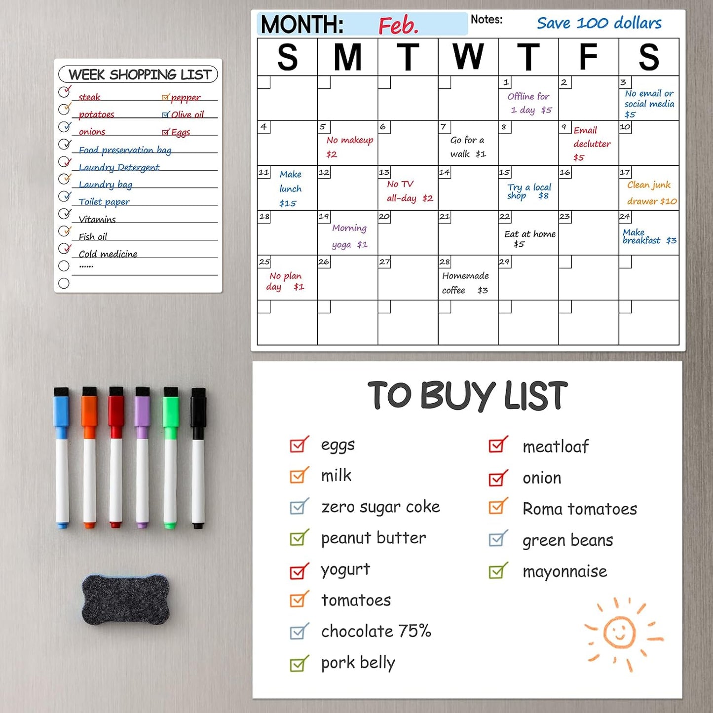3 Pack Dry Erase Magnetic Calendar for Refrigerator - Monthly & Weekly & Daily Planner Magnet Whiteboard for Fridge Wall - Shopping, Meal/Menu, To Do List, Family Schedule Planning Board (10HB-RIZH3)