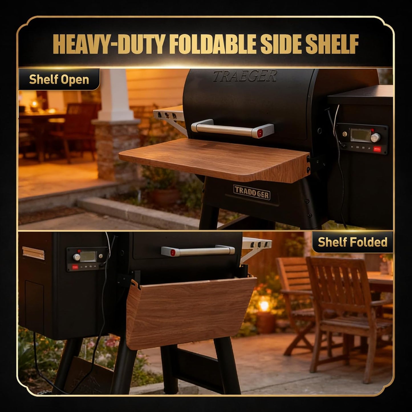 QuliMetal Folding Front Shelf for Traeger Pro 34, Texas Elite 34, Century 885 and Eastwood 34, 37" x 12" Heavy-Duty Grill Prep Table with Cutting Board, Stainless Steel Basin, Lid and 5 Hooks