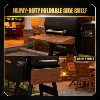 QuliMetal Folding Front Shelf for Traeger Pro 34, Texas Elite 34, Century 885 and Eastwood 34, 37" x 12" Heavy-Duty Grill Prep Table with Cutting Board, Stainless Steel Basin, Lid and 5 Hooks
