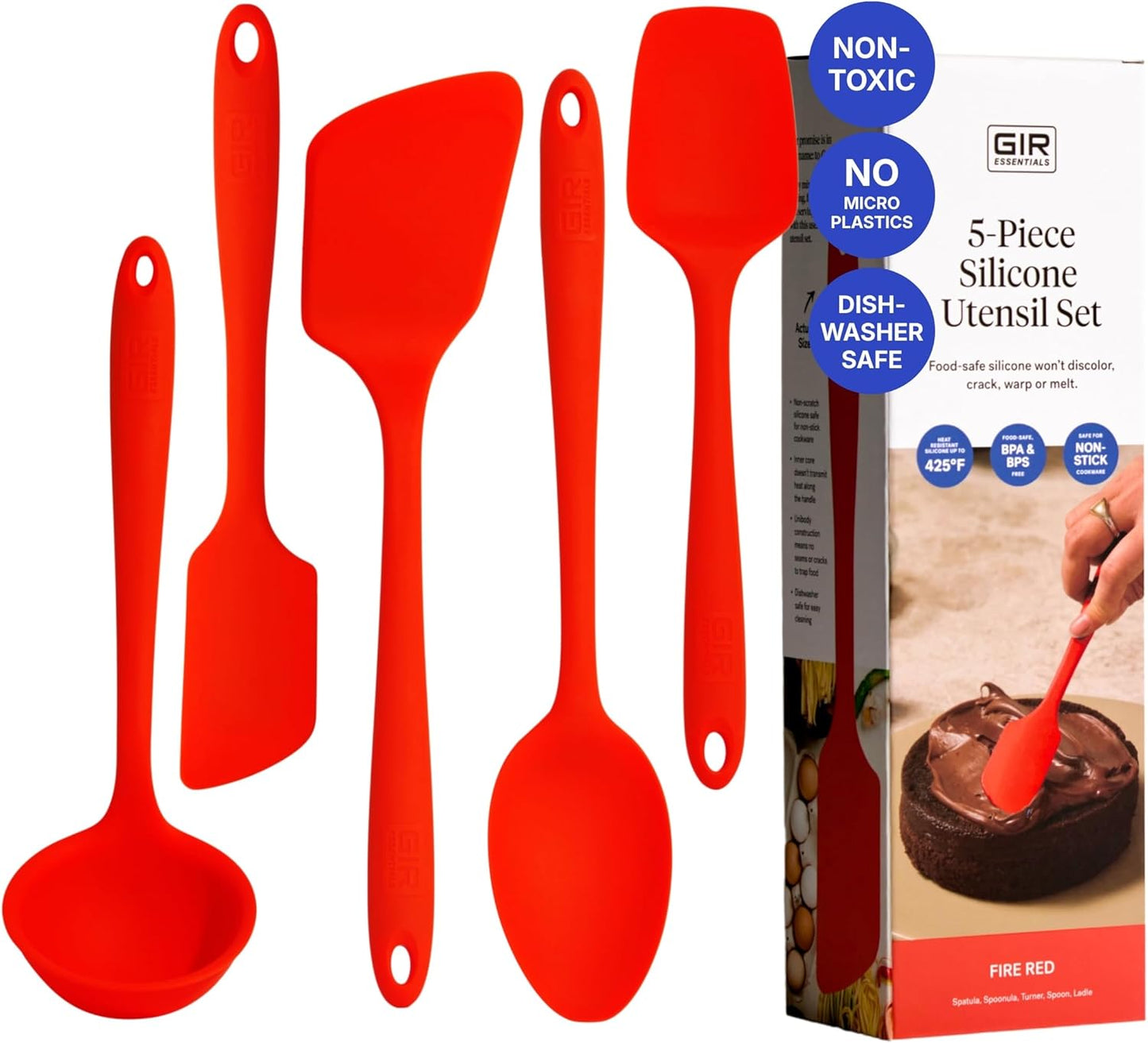 GIR 5-Piece Silicone Kitchen Utensils Set, Non-Toxic Cooking Utensils for Cooking and Baking, Heat Resistant, Food Grade, Dishwasher Safe Rubber Spatula, Ladle, Spoon - Charcoal
