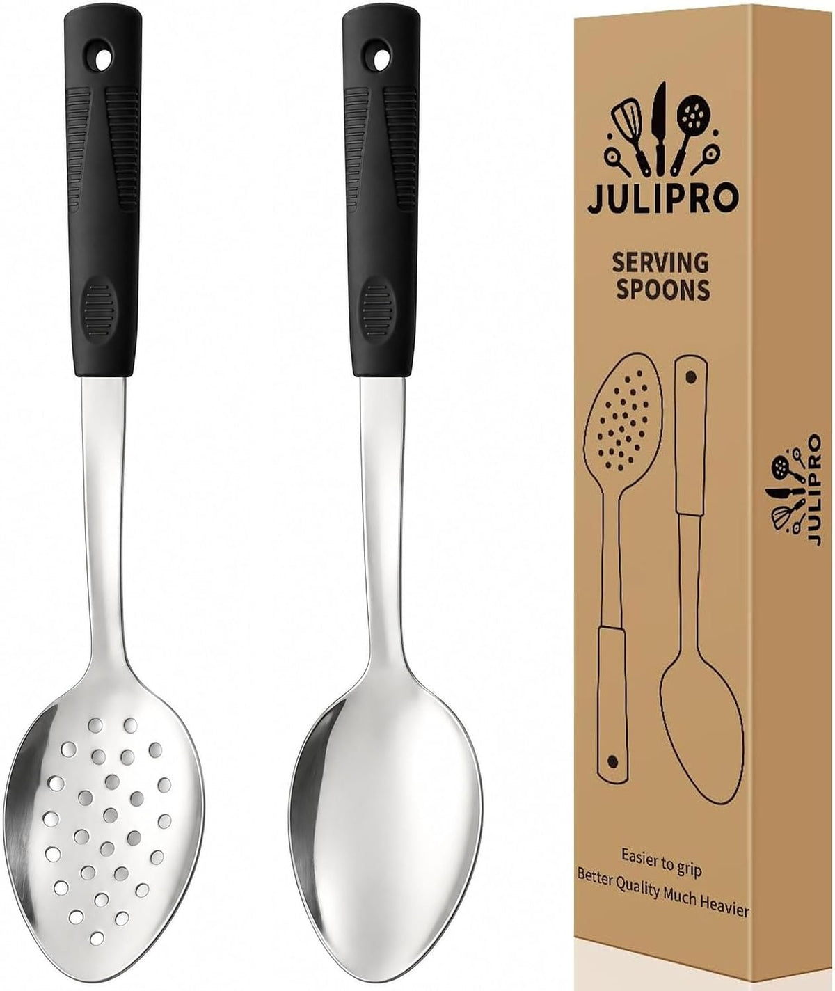 2-Piece Serving Spoons, 11-Inch, Solid & Slotted, Platinum Silicone