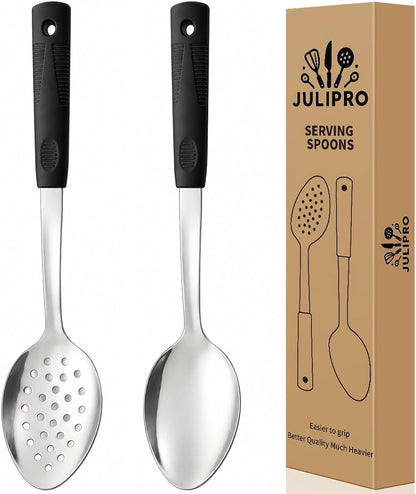 2-Piece Serving Spoons, 11-Inch, Solid & Slotted, Platinum Silicone