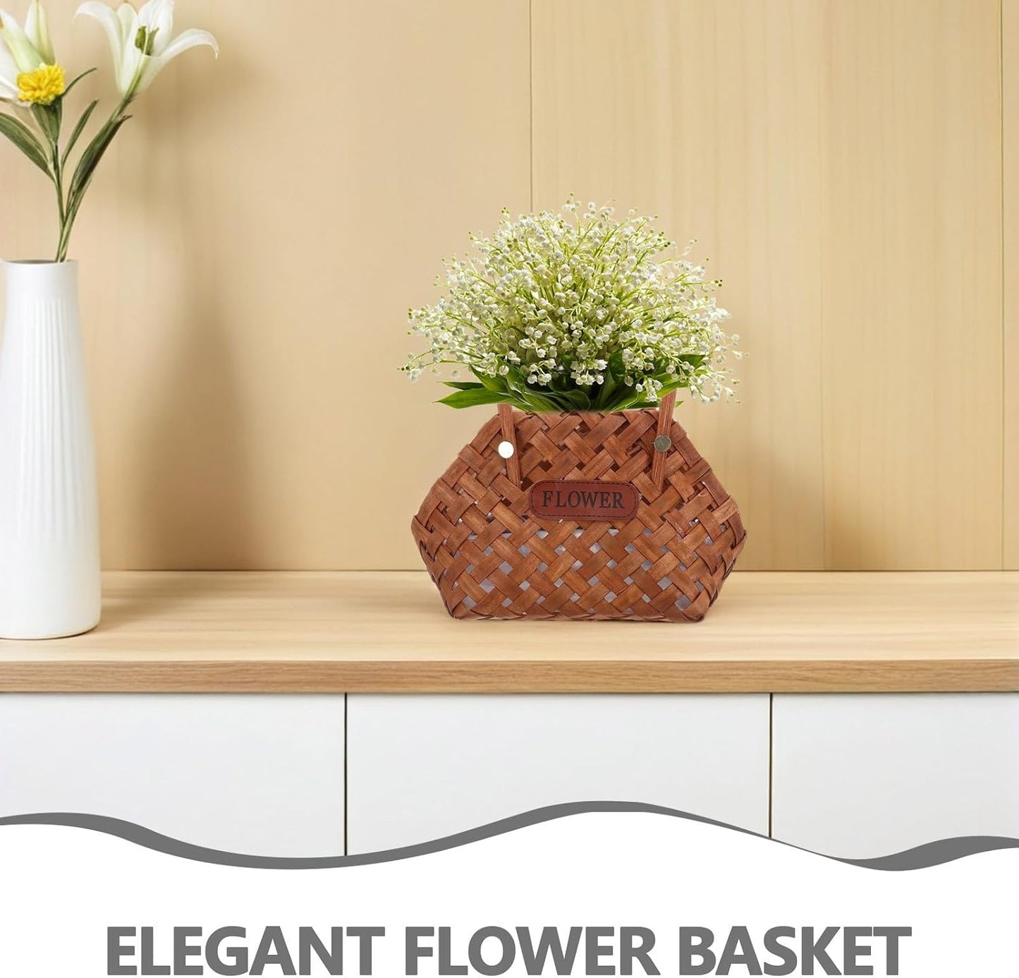 Handwoven Wooden Basket with Ergonomic Handle for Spring Picnic Essentials and Fruit Storage, Strong and Flexible Wood Chip Material, Multipurpose Rustic Basket for Family