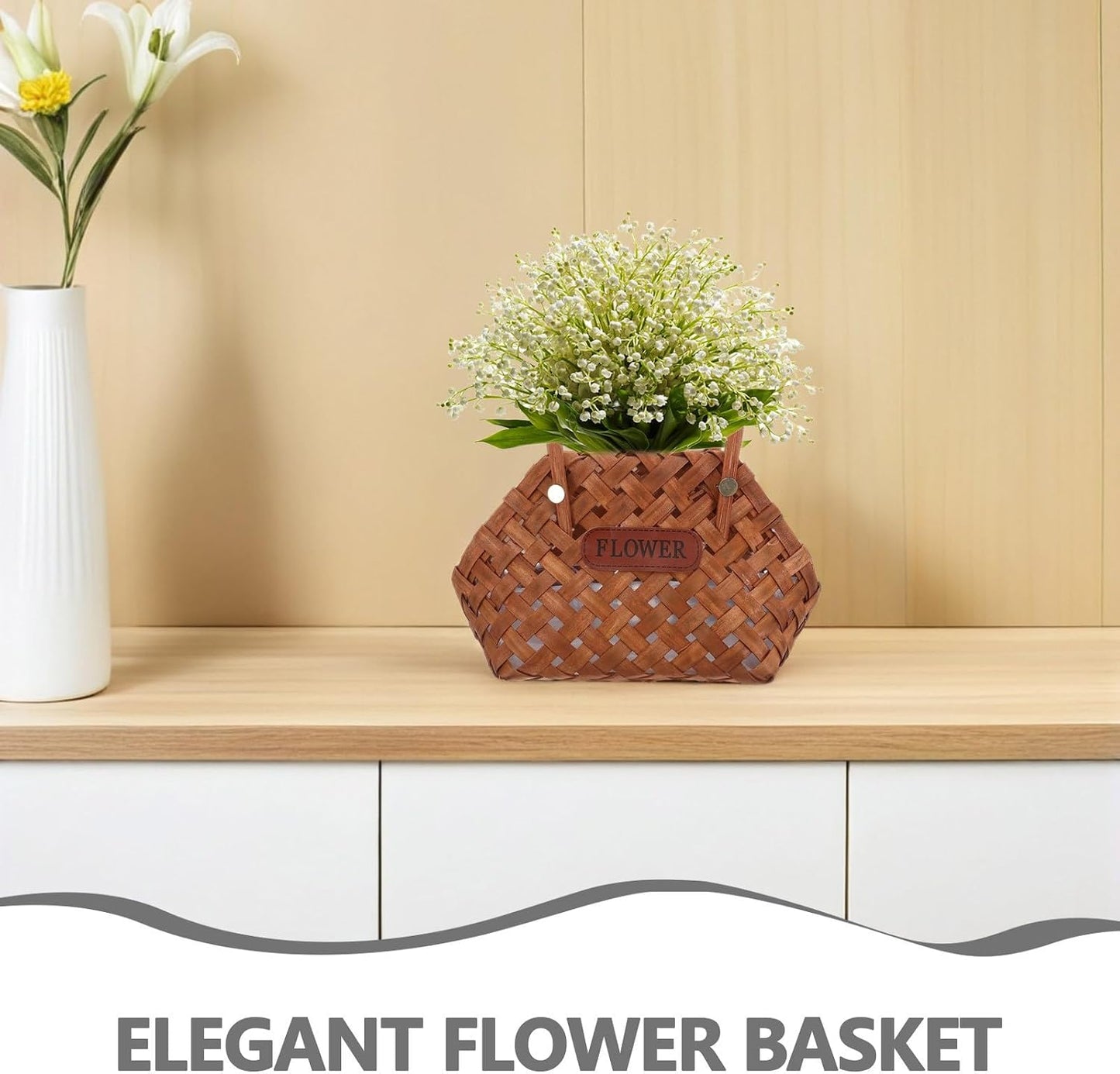 Handwoven Wooden Basket with Ergonomic Handle for Spring Picnic Essentials and Fruit Storage, Strong and Flexible Wood Chip Material, Multipurpose Rustic Basket for Family
