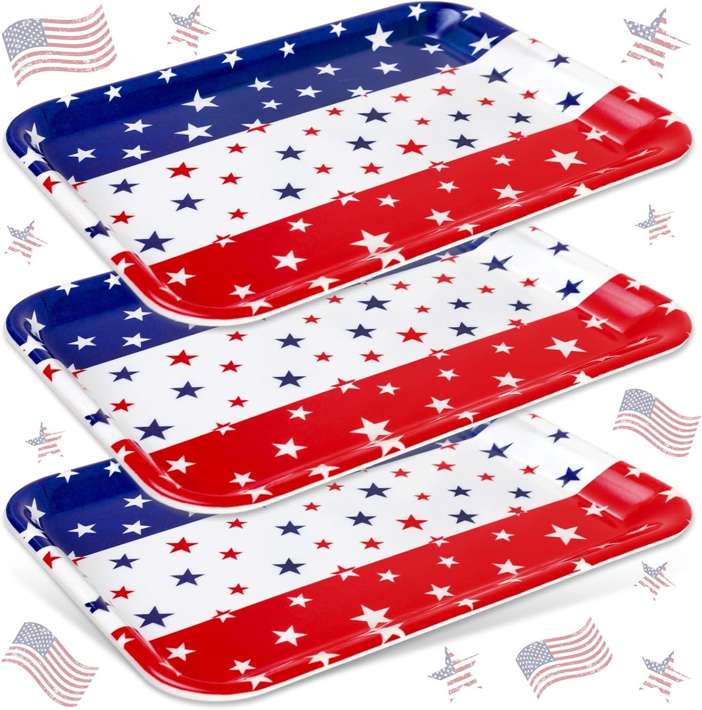 JarThenaAMCS 3PCS Patriotic Serving Trays Reusable Serving Dishes Red Blue White 4th of July Star Melamine Platter for Outdoor Party Independence Day Serving Food Snacks Fruits Dessert