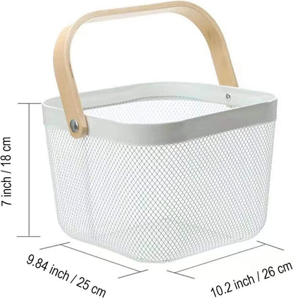 AJIODA Metal Mesh Steel Basket, Storage Organizer Basket Multi-functional Hanging Kitchen Baskets Fruit Basket Bin with Bamboo Handle for Kitchen Bathroom Picnic Shopping Decor Cabinet Home, Blue