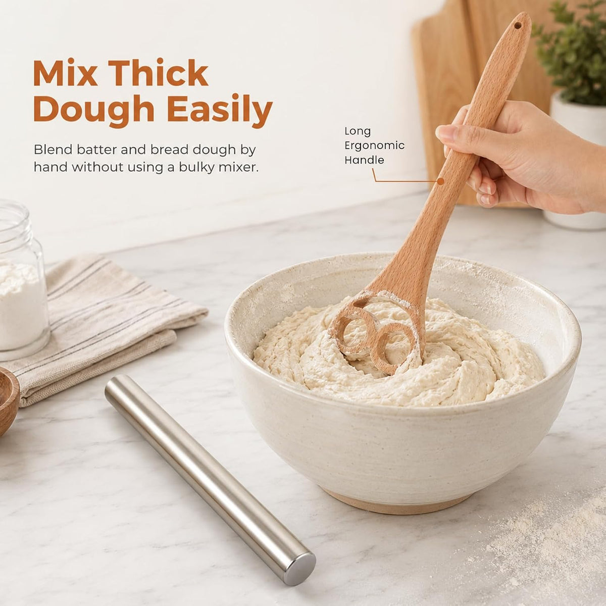 13 Inch Danish Dough Whisk, Wooden Dough Mixer for Sourdough Bread, Batter & Pizza Dough, Kitchen Hand Mixing Tool, Includes Stainless Steel Rolling Pin (Heart Style)