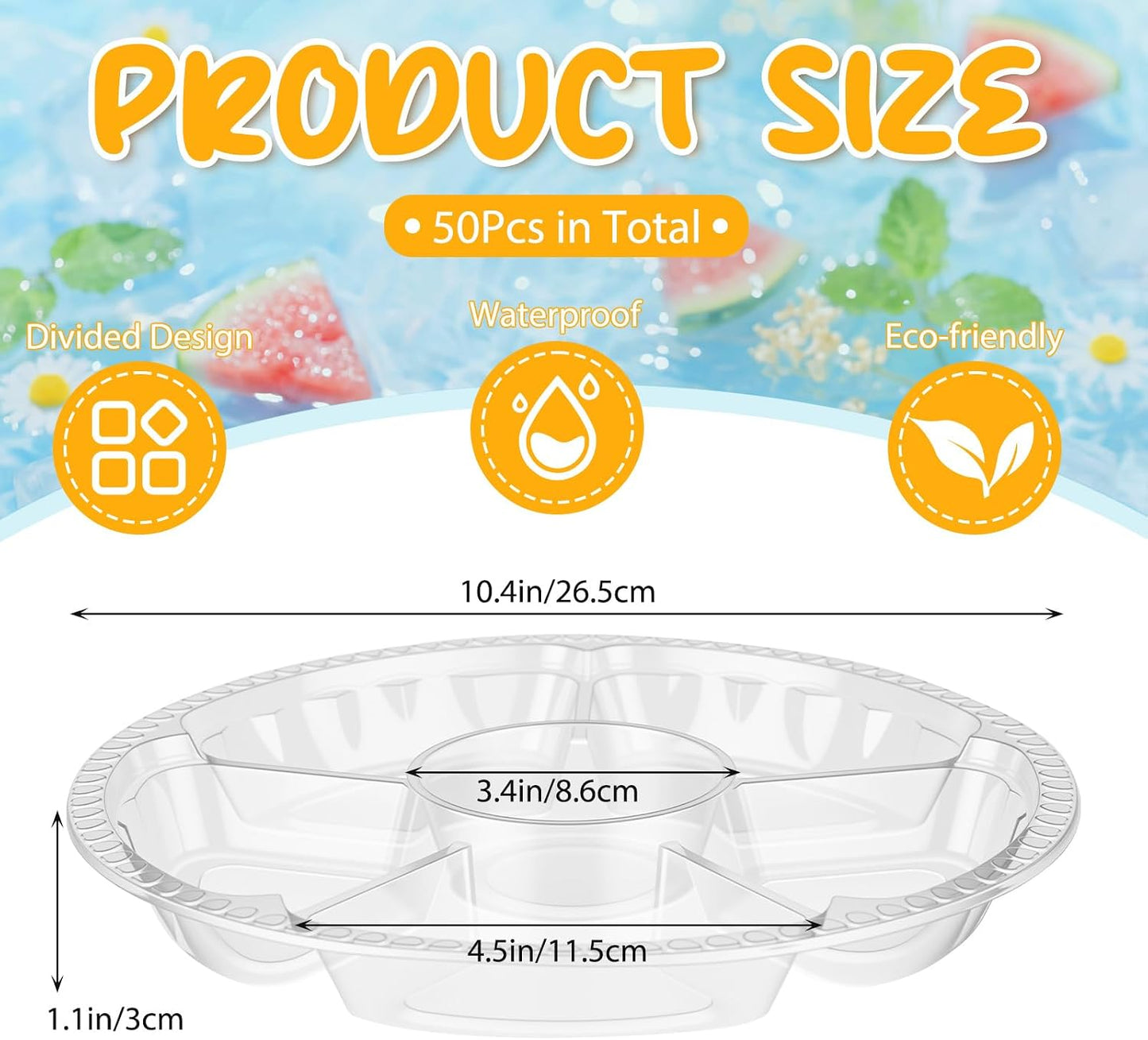 Rtteri 50 Pcs Round Plastic Fruit Trays for Serving Clear Veggie Tray 6 Divided Compartment Container Dip Platter Reusable Catering Platters for Vegetable Fruit Snack Nut Party and Buffet(10.4 Inch)
