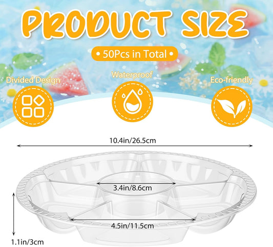 Rtteri 50 Pcs Round Plastic Fruit Trays for Serving Clear Veggie Tray 6 Divided Compartment Container Dip Platter Reusable Catering Platters for Vegetable Fruit Snack Nut Party and Buffet(10.4 Inch)