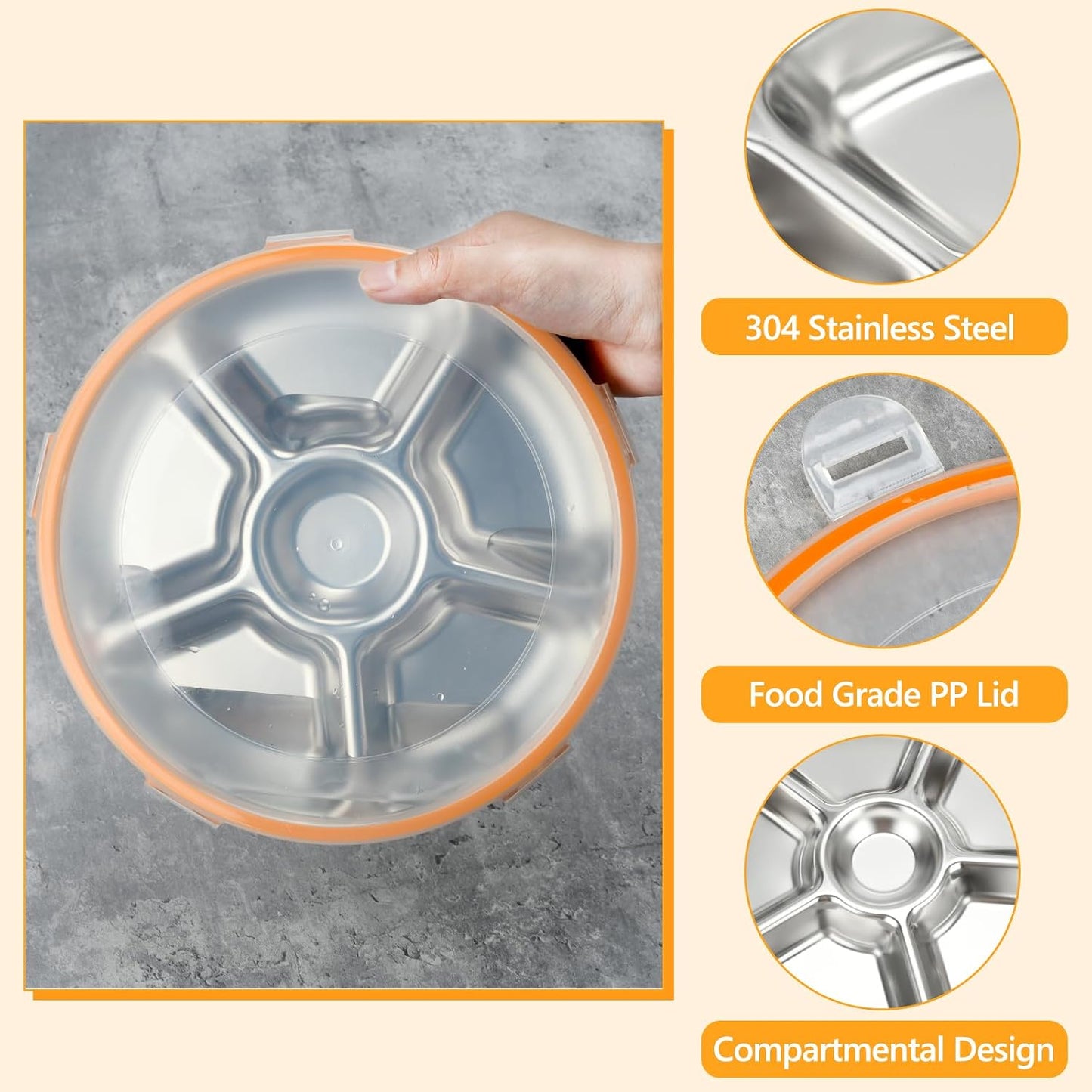 2 pcs Veggie Tray with Lid, Divided Serving Tray with Lid, Round Stainless Steel Serving Platter, Snackle Box Container with 7 Compartments