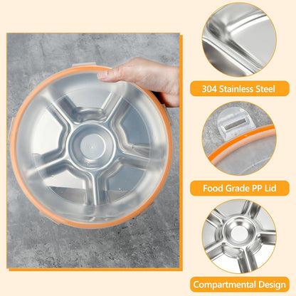2 pcs Veggie Tray with Lid, Divided Serving Tray with Lid, Round Stainless Steel Serving Platter, Snackle Box Container with 7 Compartments