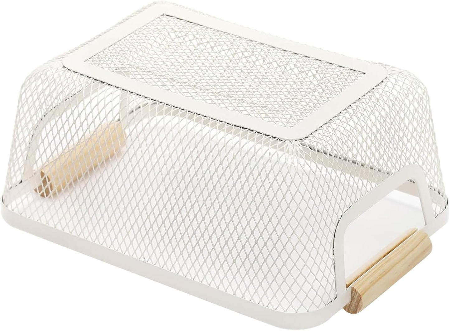 AJIODA Metal Mesh Steel Basket, Large Wire Storage Organizer Basket Multi-function Hanging Kitchen Baskets with Wood Handle for Kitchen Bathroom Picnic Home, Rectangle-Off White