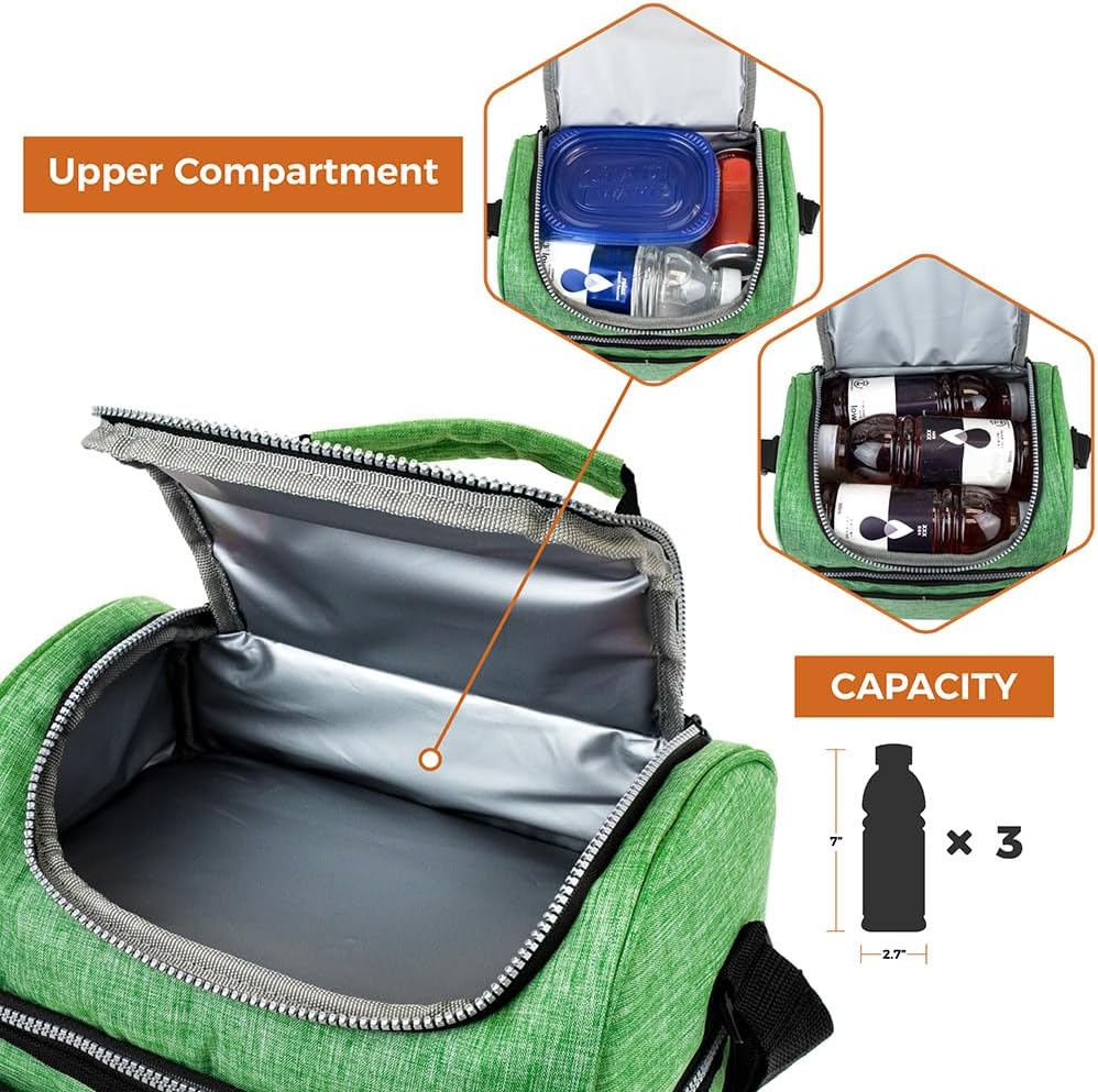 opux Insulated Lunch Bag for Men Women, Double Decker Leakproof Lunch Box Cooler Tote with Shoulder Strap, Large Lunchbox for Work School Travel Meal Prep, Adults Kids Boys Girls, Green, 16 Cans