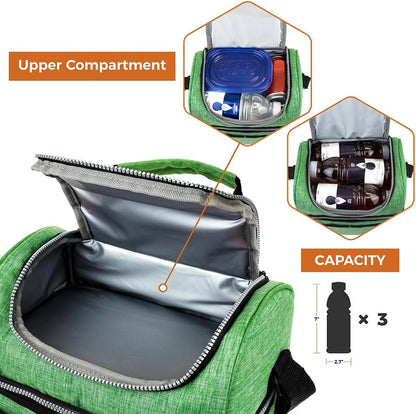 opux Insulated Lunch Bag for Men Women, Double Decker Leakproof Lunch Box Cooler Tote with Shoulder Strap, Large Lunchbox for Work School Travel Meal Prep, Adults Kids Boys Girls, Green, 16 Cans