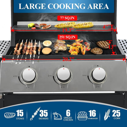 3-Burner Propane Gas Grill, 30,000 BTU Stainless Steel Outdoor BBQ Grill with Lid, Side Shelves & Wheels for Patio, Garden and Backyard Cooking