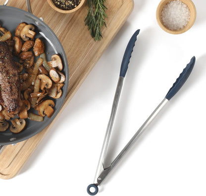 Calphalon Edge Tongs Set, 2-Piece Stainless Steel Kitchen Tongs Set with Silicone Heads, Includes 9-Inch & 12-Inch Heat-Resistant Locking Tongs for Cooking, Grilling & Serving, Taupe