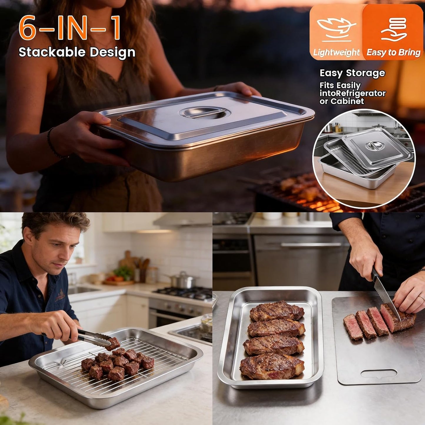 Grilling Prep and Serve Trays, Grill Carry System Set of 6 - Stainless Steel Grill Platter,Marinade Container with Lid, Prep Trays,Cutting Board and Food Tong, for Food Prep, Marinating, Roasting, BBQ