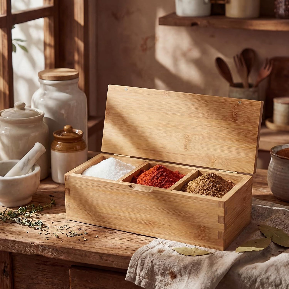 Acacia Wood Salt Cellar Spice Box with Magnetic Lid 29oz Large Capacity Salt Organizer 3 Compartments for Kitchen Countertop, Pepper, Seasonings, Spices, Grilling & Cooking