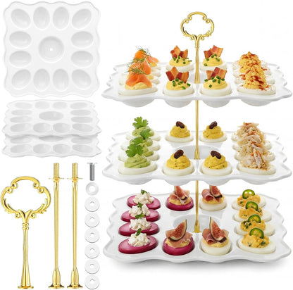 Potchen Multi Tier Ceramic Deviled Egg Platter Deviled Egg Tray Container, Detachable Eggs Holder Tower Wedding Party Food Container for Kitchen Countertop Microwave Dishwasher Freezer(Flower,3 Tier)
