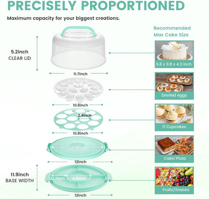 HANSGO Cake Carrier with Lid and Handle, Extra Deviled Egg Containers, Cake Holder for 10 inch Cakes with 2 Handles, 11 Capacity Cupcake Carrier, Two Sided Base for Nuts, Fruits, Muffins, Pies, Pizza