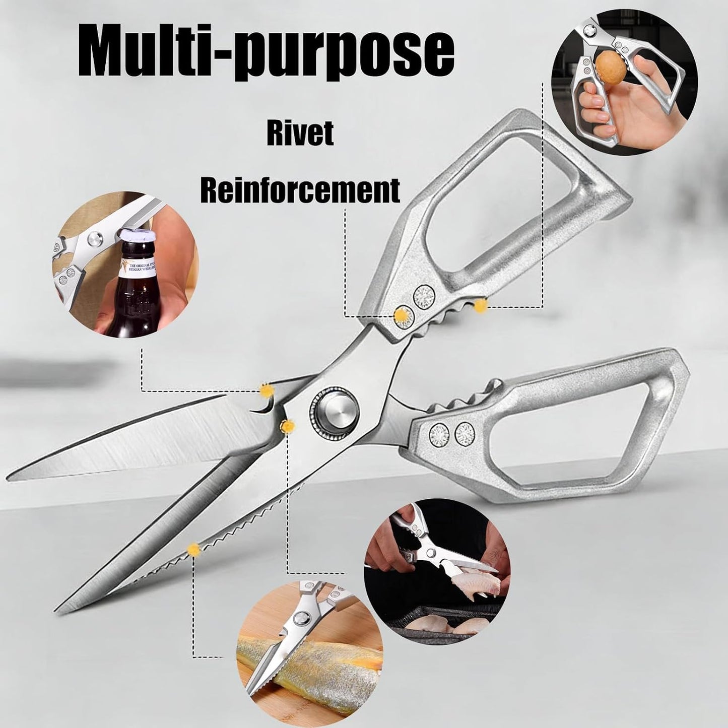Stainless Steel Kitchen Shears, Multi-Purpose Sharp Cooking Scissors, Dishwasher Safe & Rust-Resistant, Ideal for Cutting Turkey, Bones, Scaling Fish, Opening Beer Bottles and Cracking Walnuts