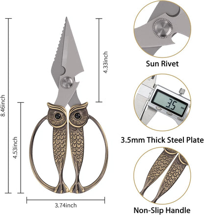 Kitchen Owl Scissors - Stainless Steel Kitchen Scissors, Sharp Meat Scissors, Dishwasher Safe, Heavy-duty Poultry Scissors, Food Cooking Scissors, Gift for Men and Women (Pearl nickel, large)