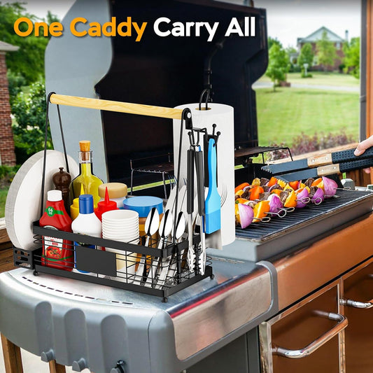 Grill Caddy with Paper Towel Holder, Picnic BBQ Condiment Utensil Organizer Caddy for Camping, Rv, Camping Accessories, Camping Essential, Camper Must Haves, Barbecue Tool Sets