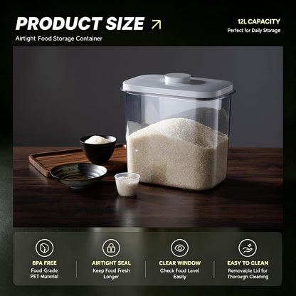 Rice Container - 25 Lbs/12KG/12L Rice Dispenser Storage with Measuring Cup Food Cereal Container Bins Pet Food Container Household for Kitchen Pantry Organization,White