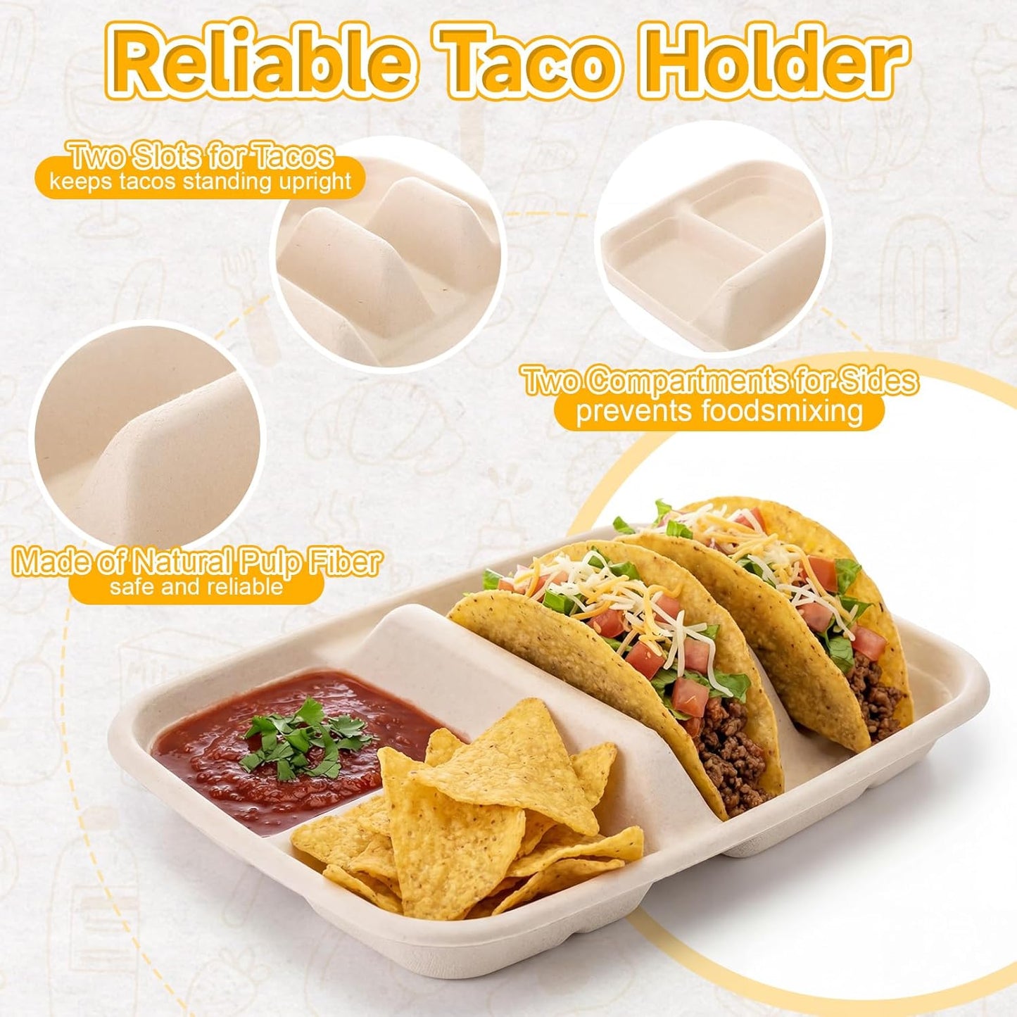 50 Pack Disposable Taco Plates for 2 Tacos & 2 Sides Fiesta Tacos Stand Holder Paper Plates with Dividers for Taco Bar Serving Party Supplies