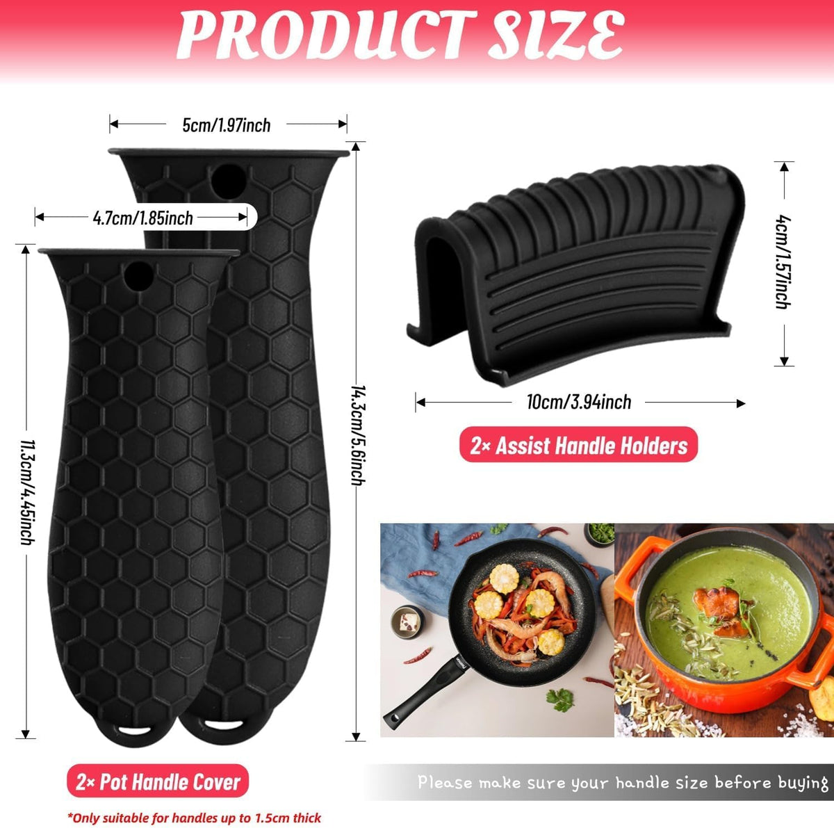 4 Pack Silicone Hot Handle Holder Cover Cast Iron Handle Cover Silicone Pot Holders Heat Resistant Assist Pan Handle Sleeve Non-Slip Pot Handle Covers for Cast Iron Skillet Metal Pan(Black)