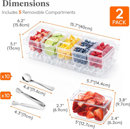 Lifewit Chilled Condiment Containers with Lids 2 Pcs, Plastic Taco Bar Serving Set for Party with 5 Containers, Ice Garnish Tray for Mimosa Bar Supplies, Clear Serving Platter for Fruit, Salad, Snack
