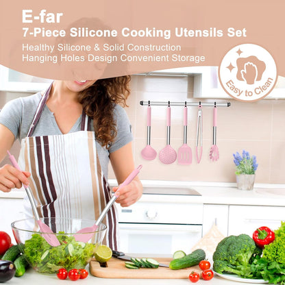 E-far Silicone Cooking Utensils Set, 7 Pcs Heat Resistant Kitchen Utensils with Stainless Steel Handle, Slotted Turner, Spoon, Soup Ladle, Pasta Server, Skimmer, Tongs for Nonstick Cookware, Black