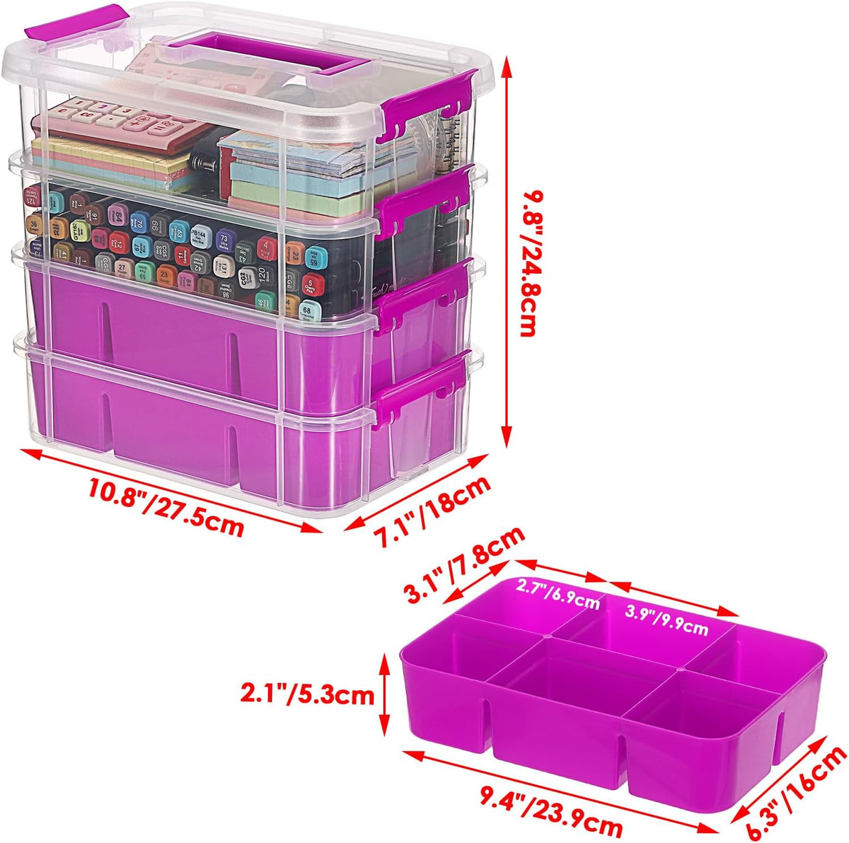 JUXYES 4-Tiers Plastic Stack Carry Storage Containers Box wih Handle Lids | Clear Stackable Latching Storage Bin With 2 Tray for School Office, Organizing Sewing, Art Craft, DIY Supplies, Blue
