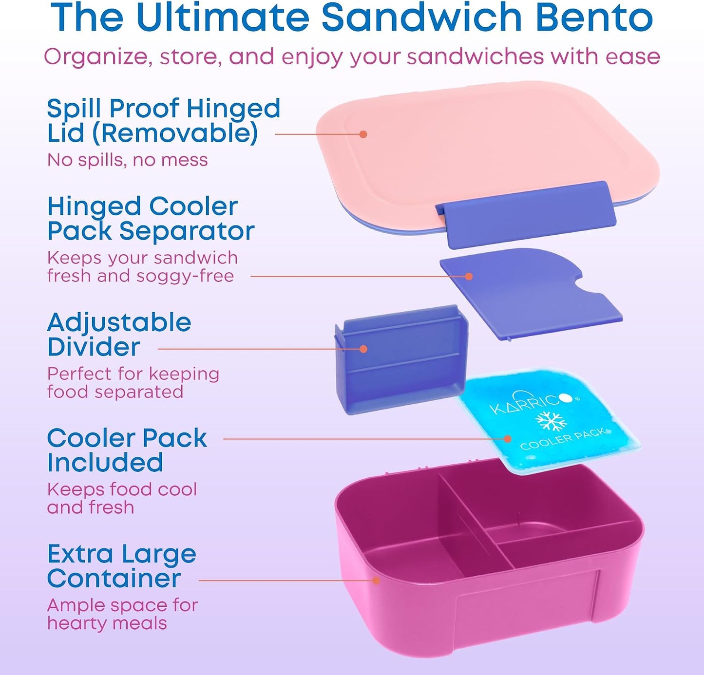 KARRICO Leakproof Lunch Box – 3-Compartment Bento Box, Cooler Pack & Adjustable Divider, Extra Large & BPA-Free – Dishwasher Safe, Ideal for On-the-Go Meals, Green