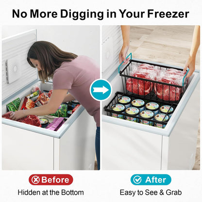 iSPECLE Deep Freezer Organizer Bins, 5 Pack Chest Freezer Baskets for 7 Cu.Ft, Stackable Wire Chest Freezer Organizer Bins for Small Food, Strong Metal with Handles for Meat and Veggies, Black