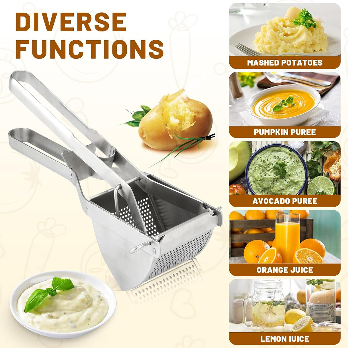 SHIKORI Heavy Duty Stainless Steel Professional Ricer for Mashed Potatoes