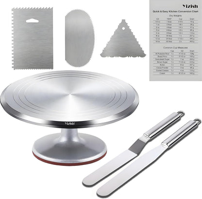 Yizish Cake Turntable Aluminum Alloy & Piping Bags and Tips Set, Rotating Cake Stand Decorating Kits with Stainless Steel Cake Spatulas and Scrapers for Baking, Pastries and Cupcakes, Gift Set