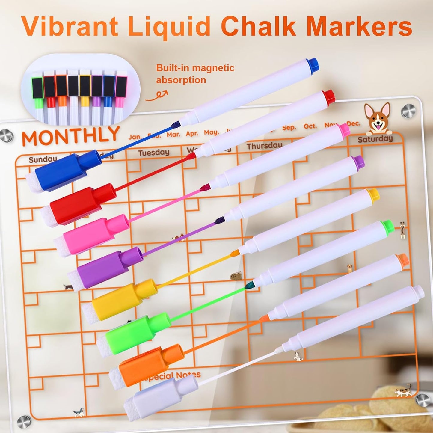Magnetic Acrylic Clear Fridge Calendar Planner Note Board Set for Fridge,8Colors Markers,Erase Towel (Clear, Monthly & Weekly)