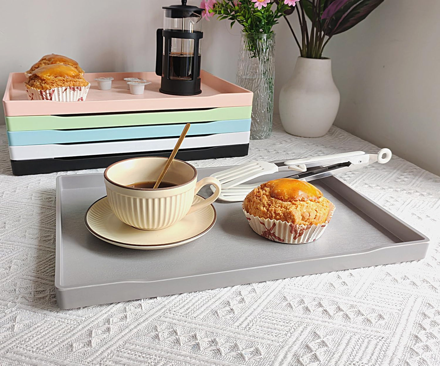 White Serving Tray (13.5 x 9.6 inch) for Serving Accessory, Elegant & Stackable Plastic Tray for Spa, Coffee, Drinks, Tea, Bar, Party, Seasoning, Perfume and Display Use.