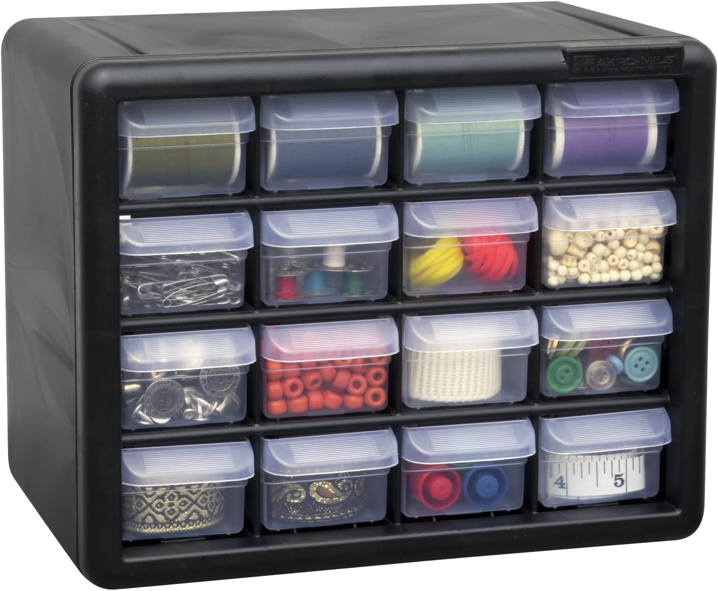 Akro-Mils 44-Drawer Plastic Drawer Storage Cabinet for Garage Organization, Bead Organizer, Building Bricks Storage, Teacher Toolbox, Makeup Organizer, 20" W x 6" D x 16" H, 10144 Black