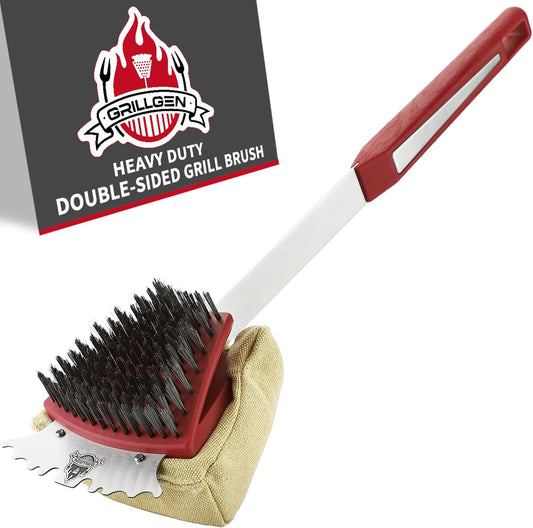 GRILLGEN Grill Brush and Scraper -Heavy Duty Double-Sided with Steam Cleaner Head for Porcelain，Cast Iron, Stainless Steel Grates, Outdoor BBQ Grill Cleaner Accessories
