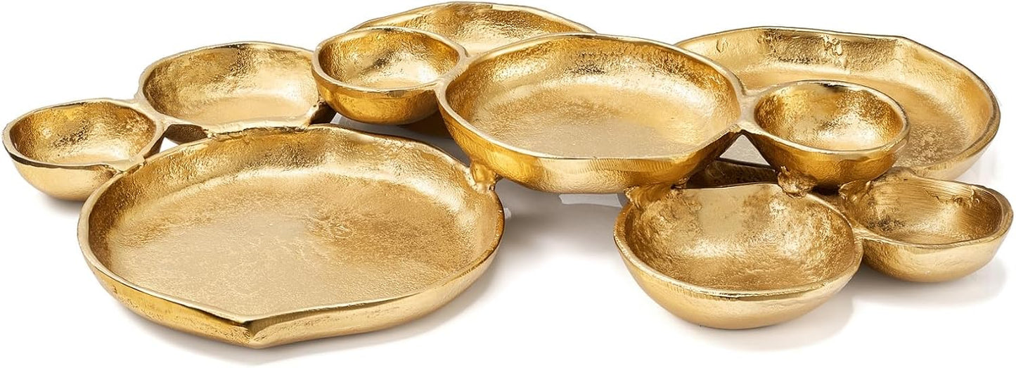 Cluster of 10 Round Serving Bowls Gold Clusters Decorative Elegant Snack Tray for Olives, Chip & Dip, Nuts, Appetizers & Entertaining Strong Brass & Enamel Home Decor Gifts, Parties & Weddings 20.5"