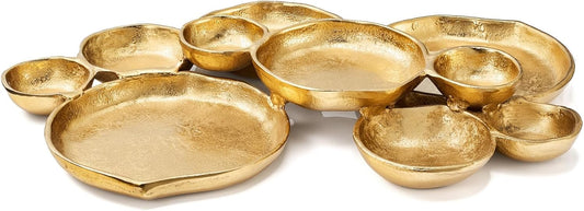 Cluster of 10 Round Serving Bowls Gold Clusters Decorative Elegant Snack Tray for Olives, Chip & Dip, Nuts, Appetizers & Entertaining Strong Brass & Enamel Home Decor Gifts, Parties & Weddings 20.5"