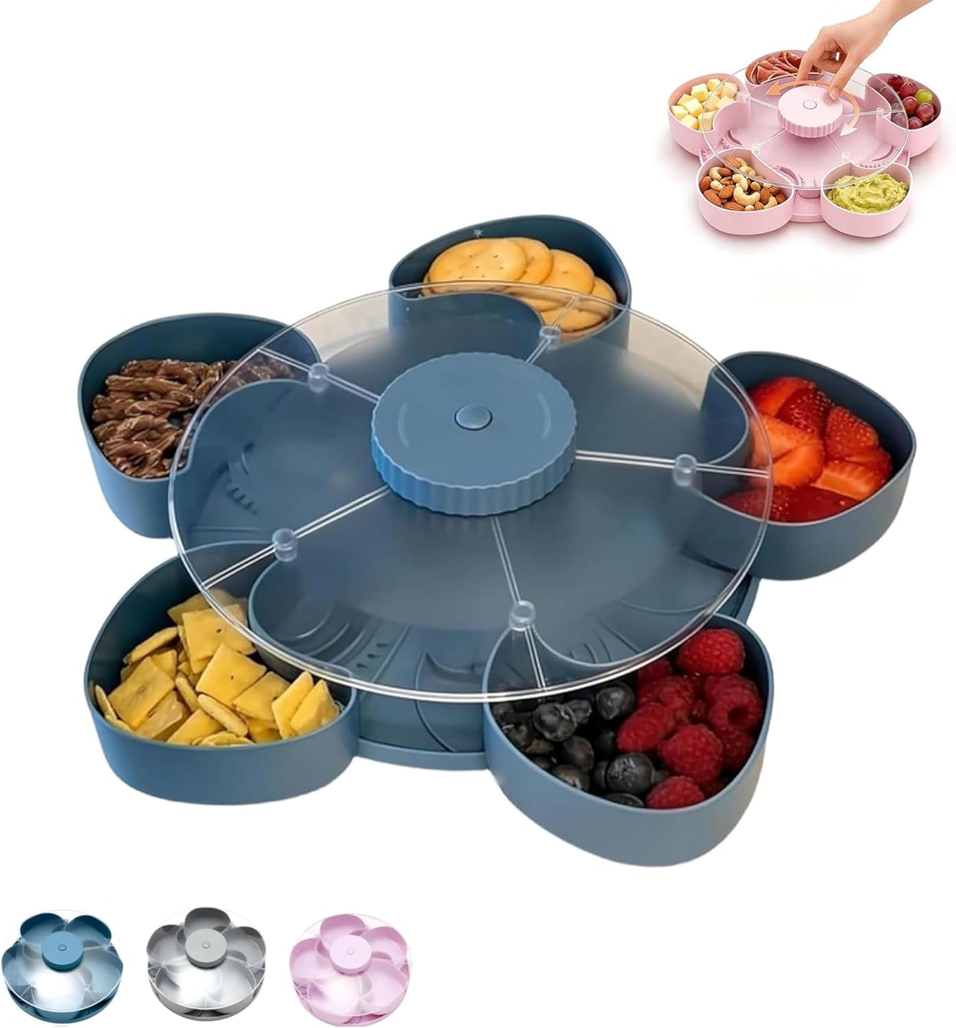 Divided Rotating Snack Tray with Lid, 5 Section Snack Serving Container for Party, Movie Night, Picnic & Travel, Fruit and Veggie Tray Organizer with Spin Design (Gray)