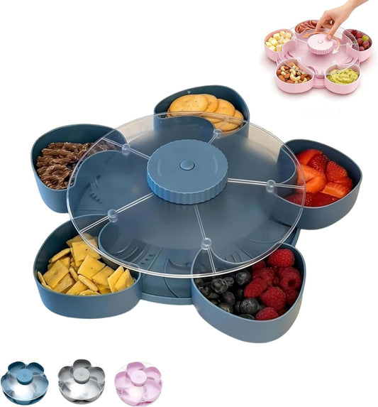 Divided Rotating Snack Tray with Lid, 5 Section Snack Serving Container for Party, Movie Night, Picnic & Travel, Fruit and Veggie Tray Organizer with Spin Design (Gray)