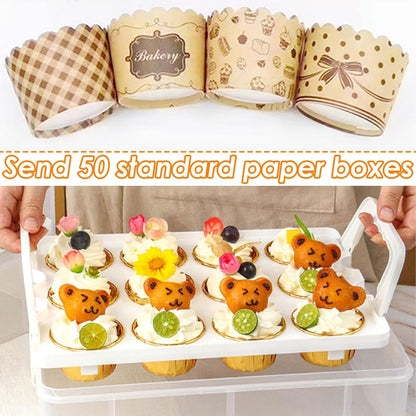 Cupcake Carrier Stackable Storage Container Collapsible Cake Carrier with Lid and Handle, with 50 PCS Cupcake liners,Reusable Plastic Dessert Travel Container,Transport Box (48 Cupcakes White)