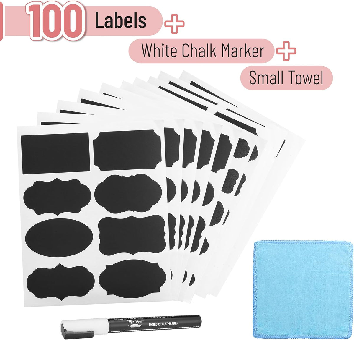 Mr. Pen- Chalkboard Labels, 100 pcs, Assorted Shapes | Waterproof Reusable Blackboard Stickers with 1 Erasable Liquid Chalk Marker for Mason Jars