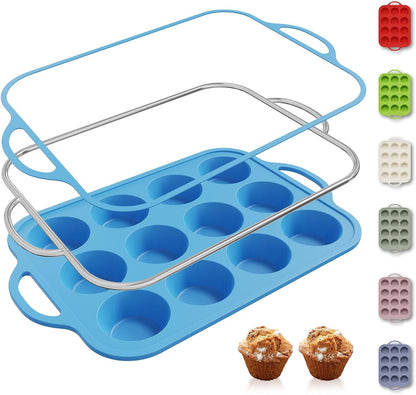 2 Packs 12 Cups Silicone Muffin Pan for Baking with Metal Reinforced Frame Regular Size Cupcake Pan Tray Egg Bites Silicone Cookie Molds Muffin Tin Tart Pans Sheet Set for Oven Dishwasher Safe
