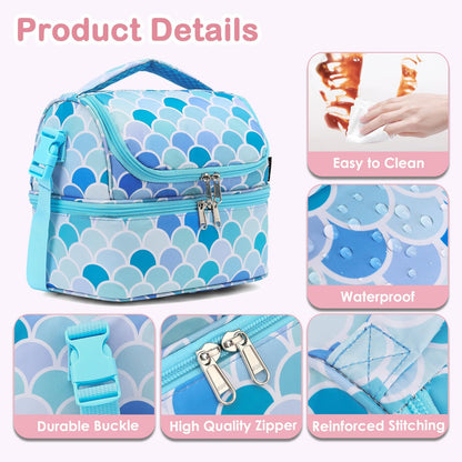 FlowFly Kids Double Decker Cooler Insulated Lunch Bag Large Tote for Boys, Girls, Men, Women, With Adjustable Strap, Unicorn